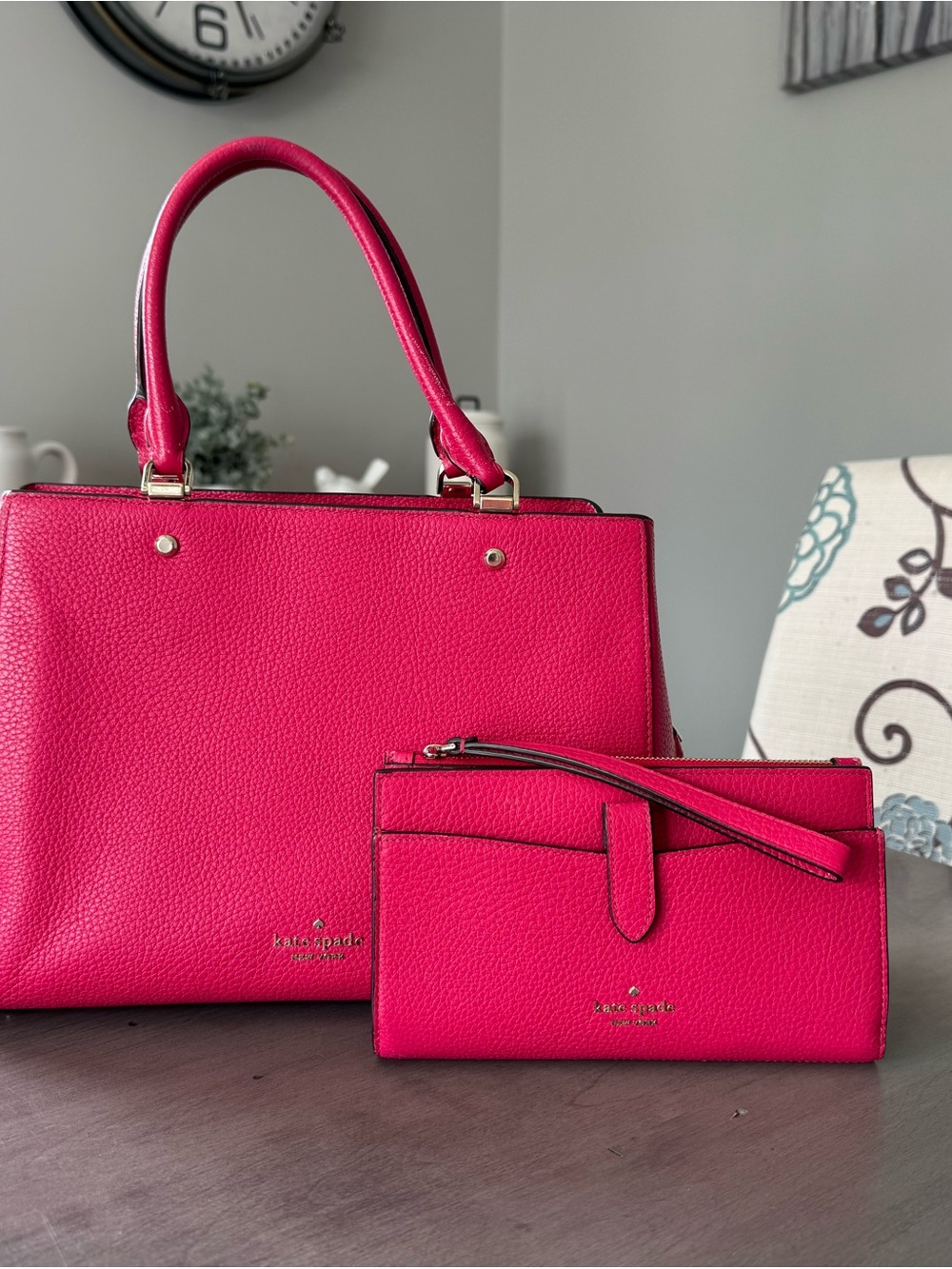 Kate Spade Women's Hot Pink Leather Satchel with Matching Wristlet Wallet